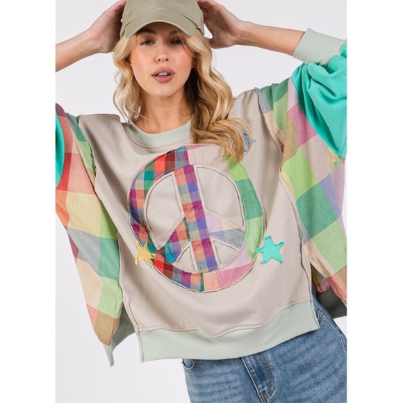 🌟 “The Zelda" Peace Sign, Stars & Plaid Sweatshirt - Picture 1 of 3